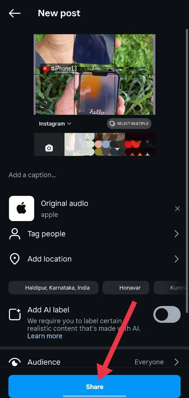 Tap Share to publish your Instagram post after adding music