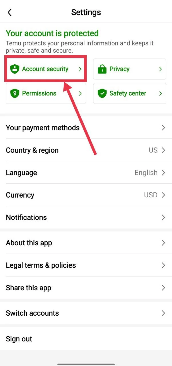 Select Account security option in the Temu app