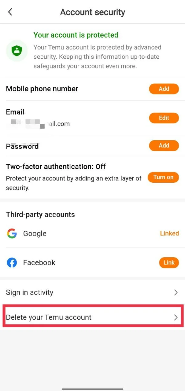 Scroll down and choose Delete your Temu account in the Temu app