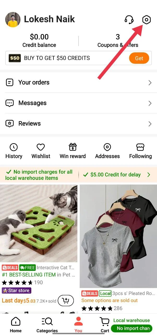 Open Temu app settings by tapping the gear icon in the top right corner