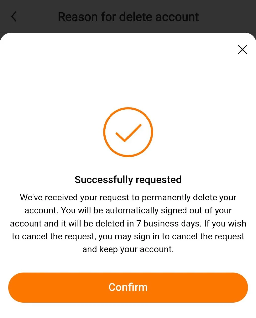 Pop-up message showing Successfully requested after deleting Temu account in the Temu app