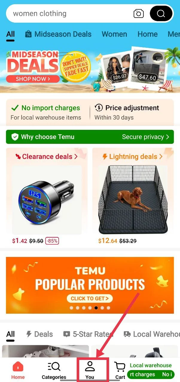 Tap on the You tab at the bottom of the Temu app screen