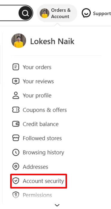 Select Account security from the drop-down menu on the Temu website
