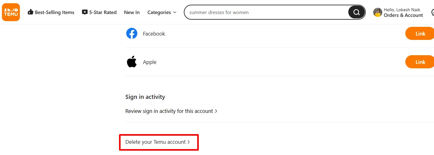Scroll down and click Delete your Temu account on the Temu website