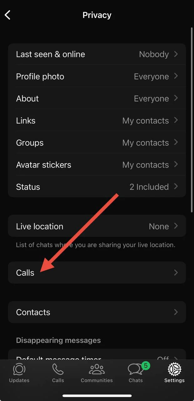 Open WhatsApp calls option under privacy on iPhone