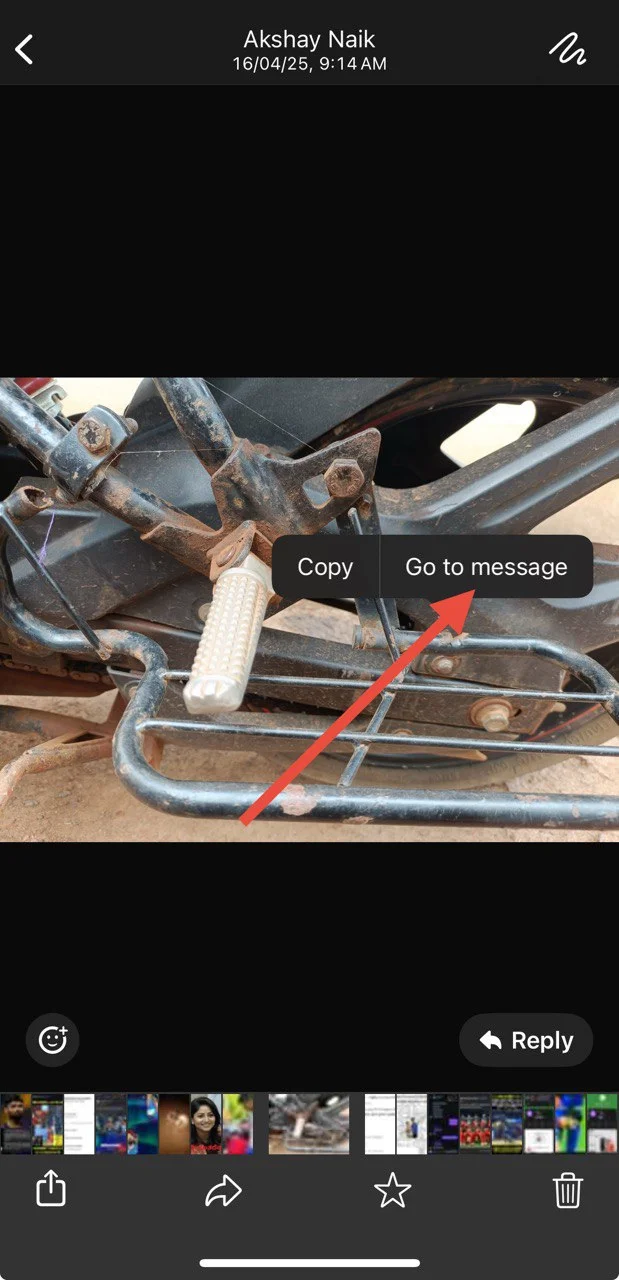 Long press on media and tap Go to message in WhatsApp iOS