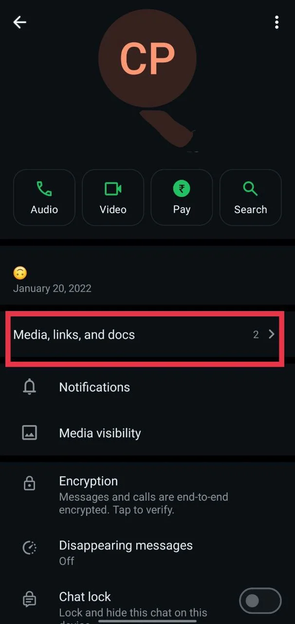 Click on Media, links, and docs in WhatsApp Android