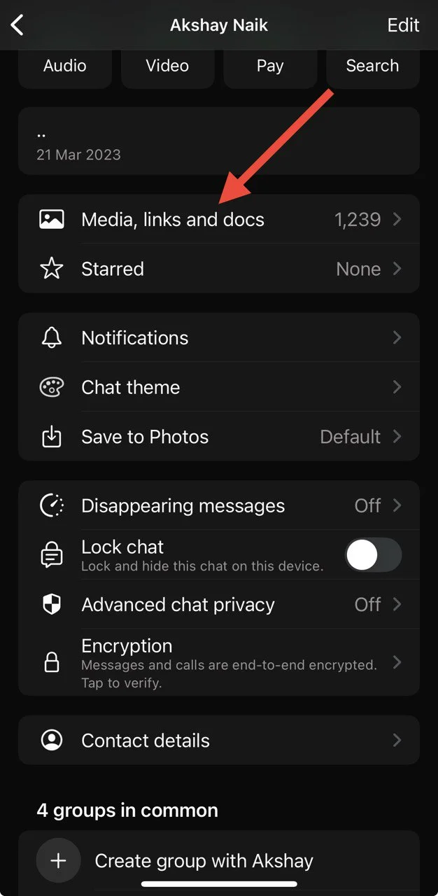Tap on Media, links, and docs in WhatsApp iPhone