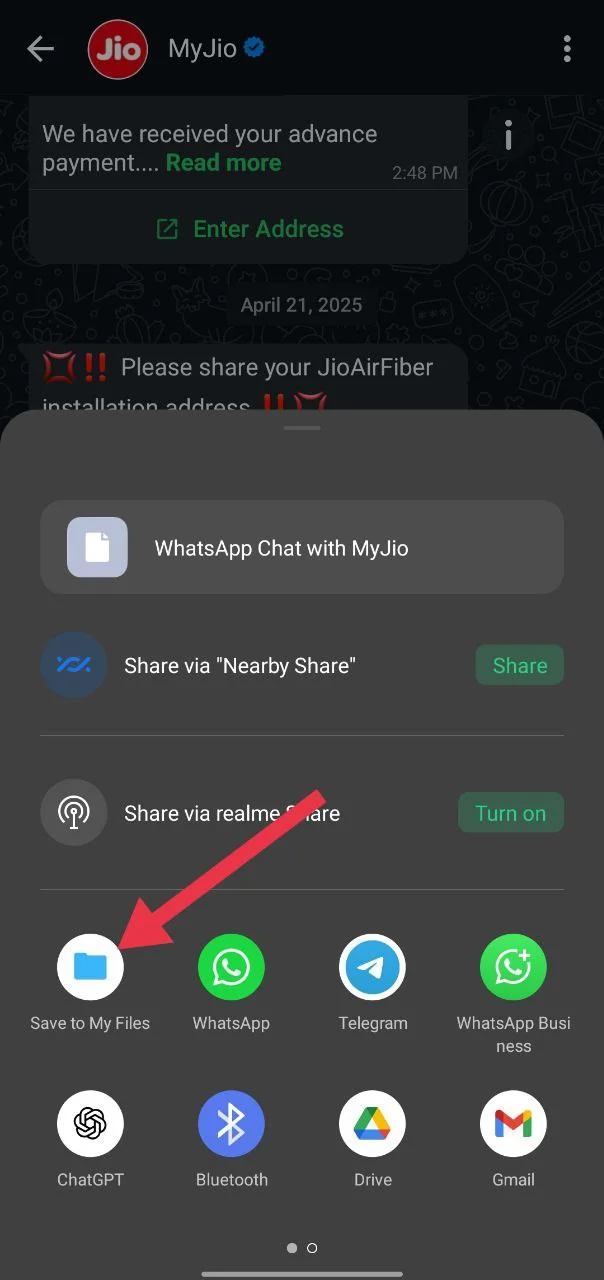 Select Save to Files when exporting WhatsApp chat
