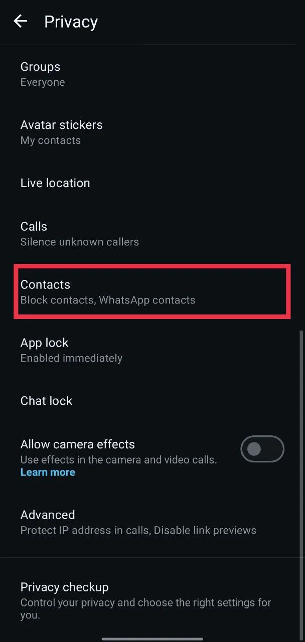 Open WhatsApp settings and tap on Contacts option