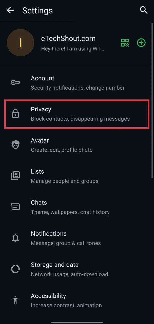 Open WhatsApp settings and go to privacy option on Android