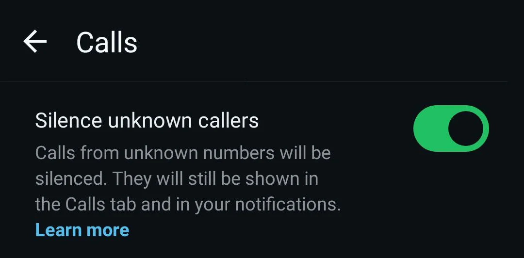 Turn on silence unknown callers in WhatsApp on Android