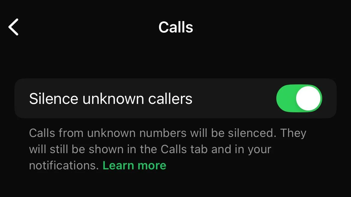 Turn on silence unknown callers in WhatsApp on iPhone