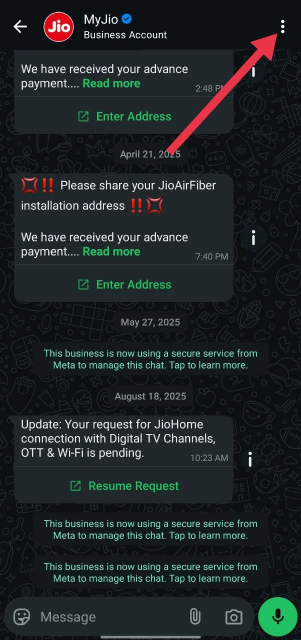 Tap the three dots in a WhatsApp chat to open more options