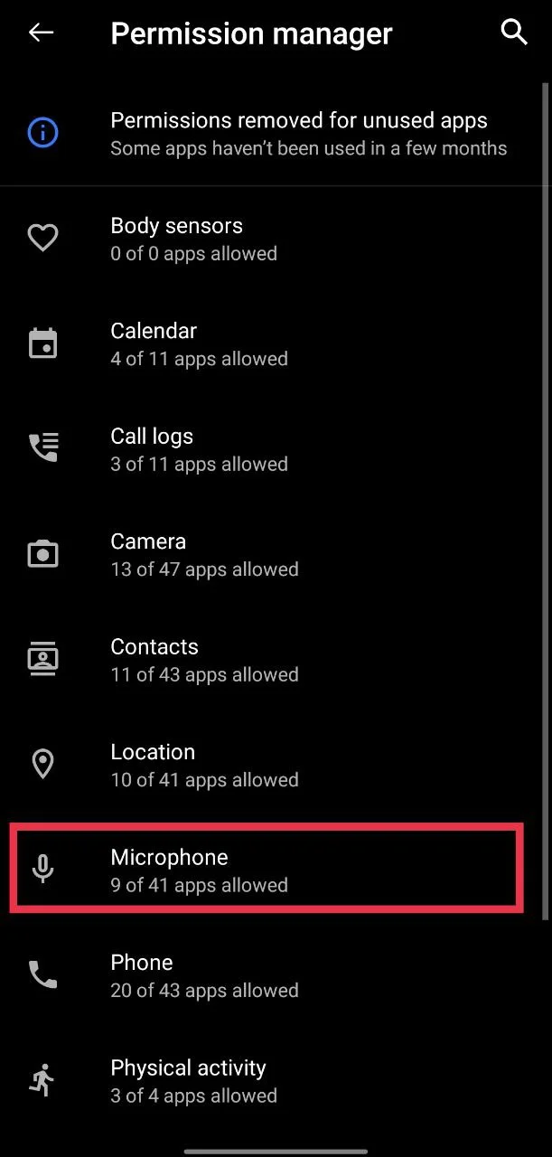 Choose Microphone option inside Permission Manager on Android