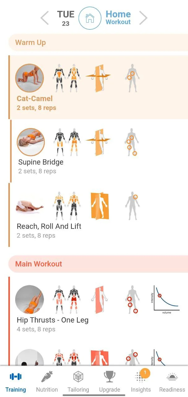 BodBot app homescreen with warm-up, main workout, and cooldown exercise lists