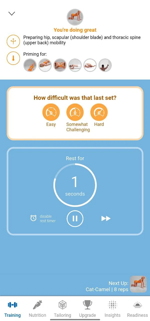 BodBot app started workout screen with exercise timers and set details