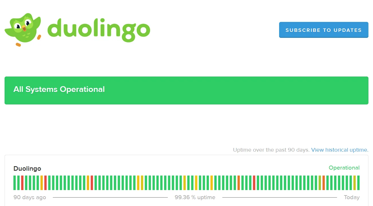 Check Duolingo official server status page to see if the app or website is down