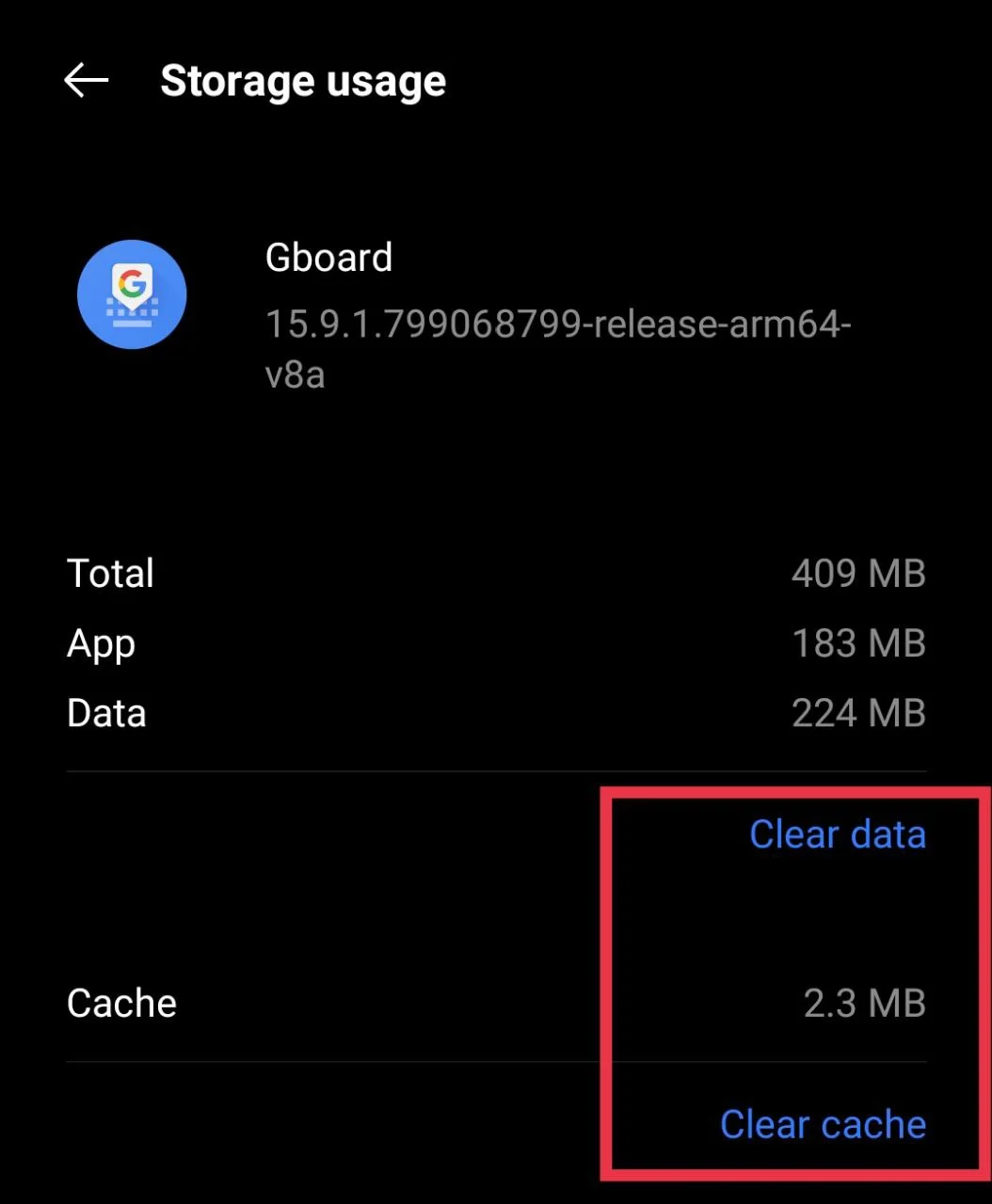 Clear cache or clear data of Gboard app from phone settings