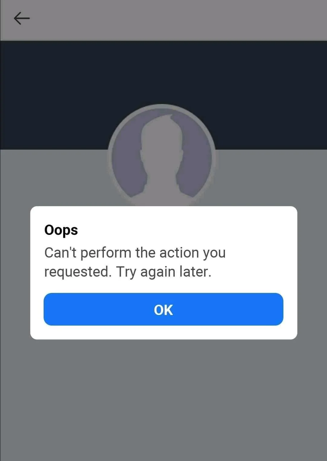Screenshot of Facebook showing “Can't perform the action you requested. Try again later” error message
