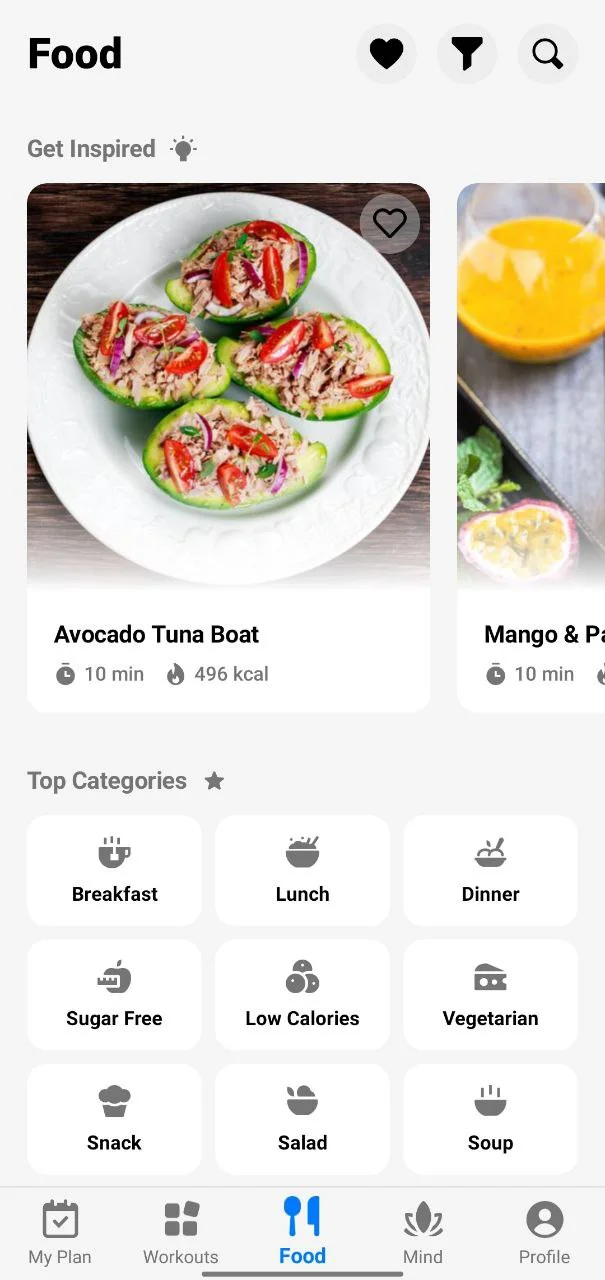 Fitify app food section displaying meal options and recipe suggestions