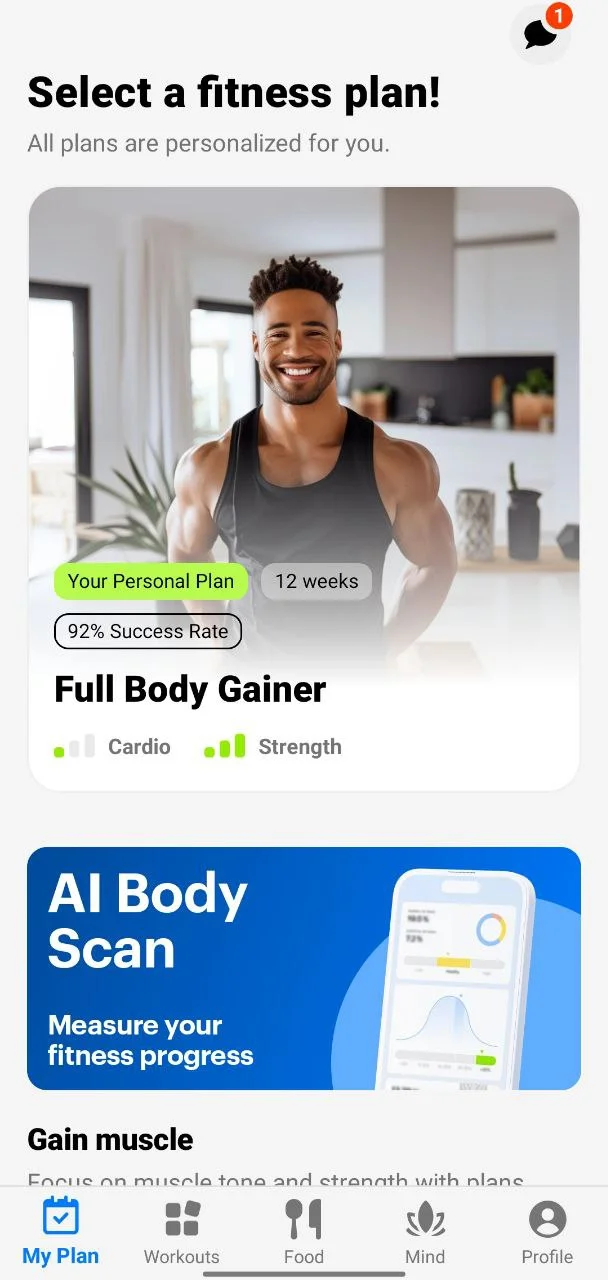 Fitify app home screen with main sections