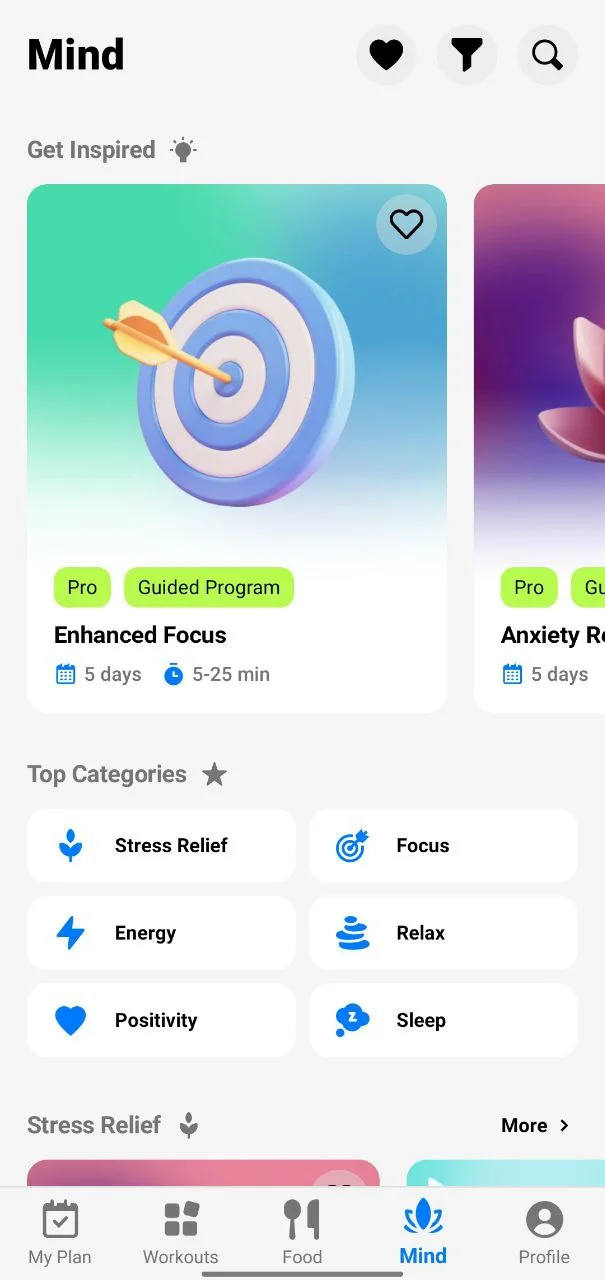 Fitify app mind section with guided programs for relaxation, focus, and sleep
