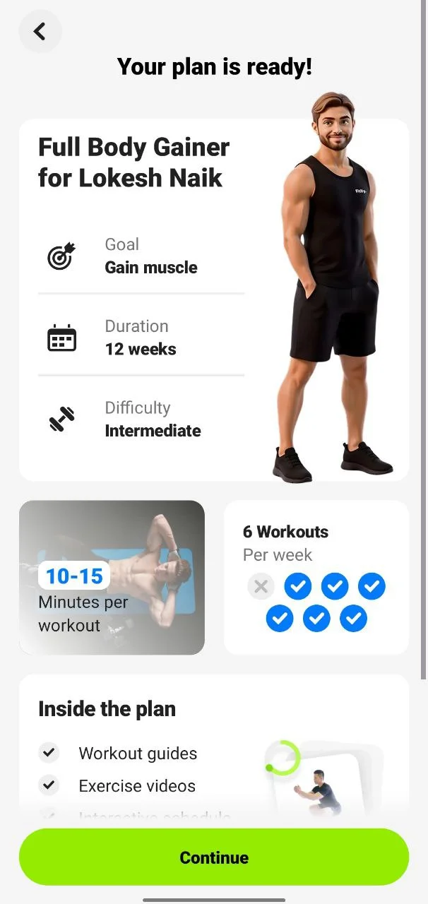 Fitify app showing a personalized workout plan ready for the user