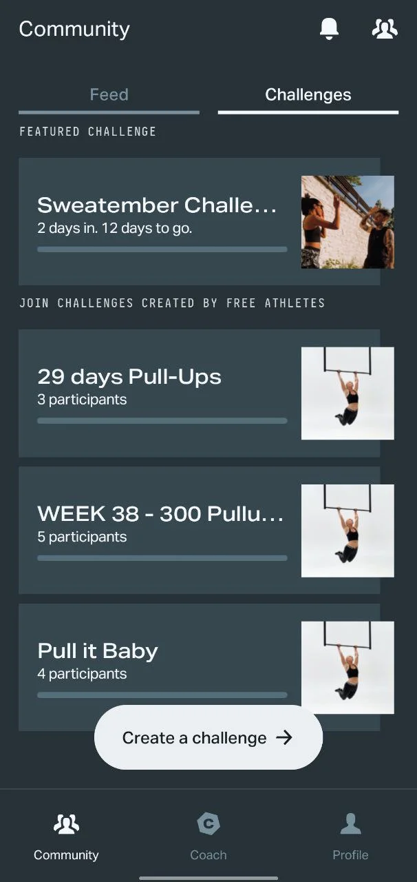 Freeletics app Challenges section – Join pushup and squad challenges to stay motivated and track progress