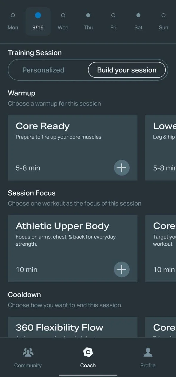 Freeletics Coach tab – Build custom workout sessions for core, upper body, or lower body with instructional videos