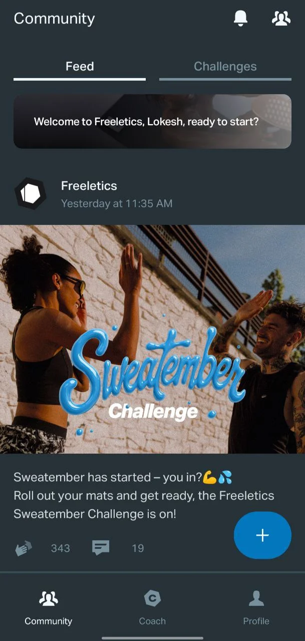 Freeletics app home screen – Explore community posts, feed updates, and app navigation for workouts and challenges