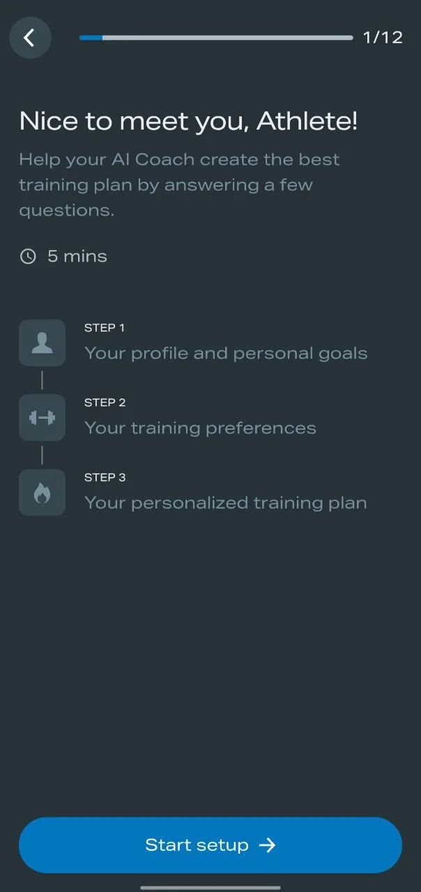Freeletics app initial setup screen showing age, weight, height, experience, and equipment selection for personalized workouts