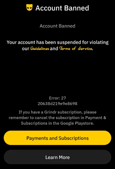 Grindr account banned showing Error 27 message on screen