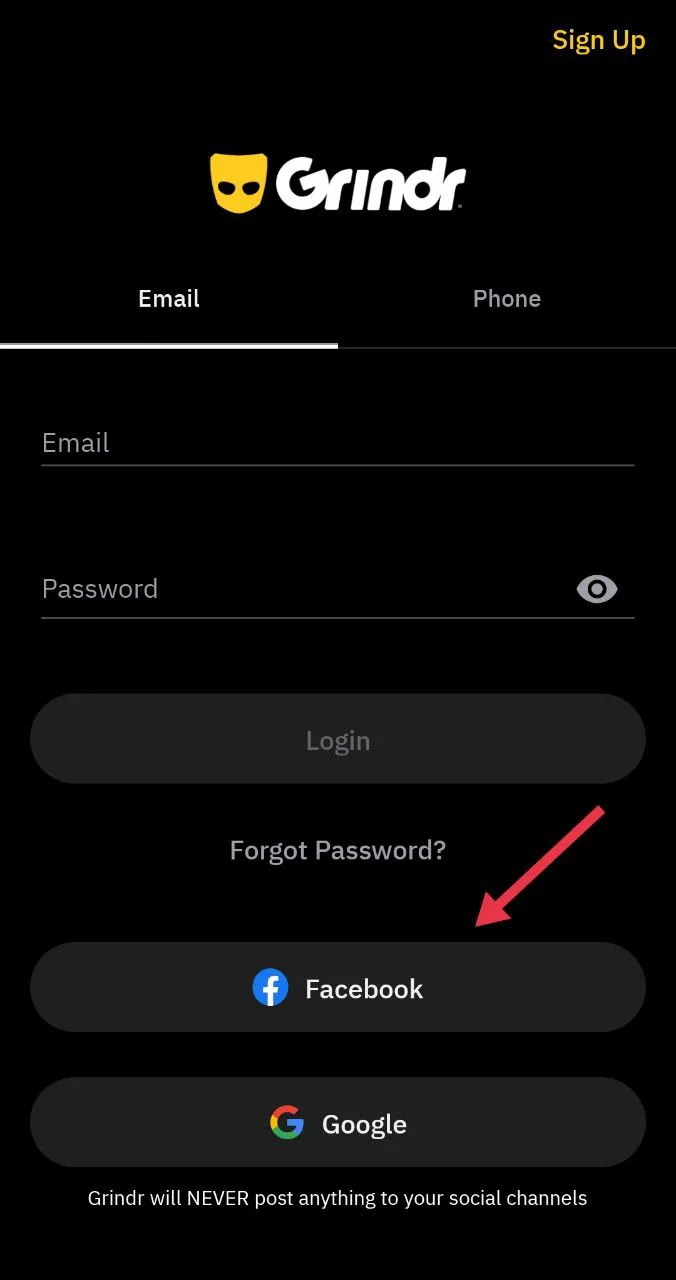 Grindr sign up screen showing login with Facebook, Google, or Apple options
