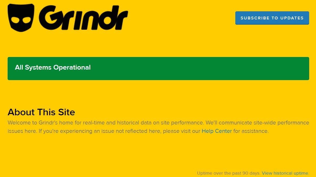Grindr official service status page to check server outages and errors