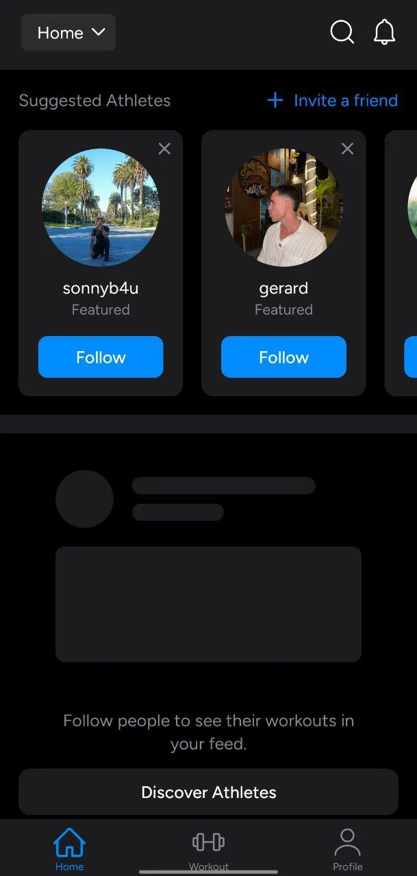 Hevy app homescreen with quick access to workouts, routines, and stats