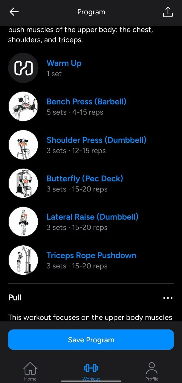 All workouts listed in selected training program on Hevy app