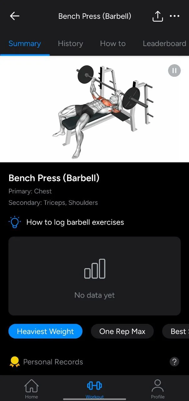 Workout summary and exercise animation screen on Hevy app