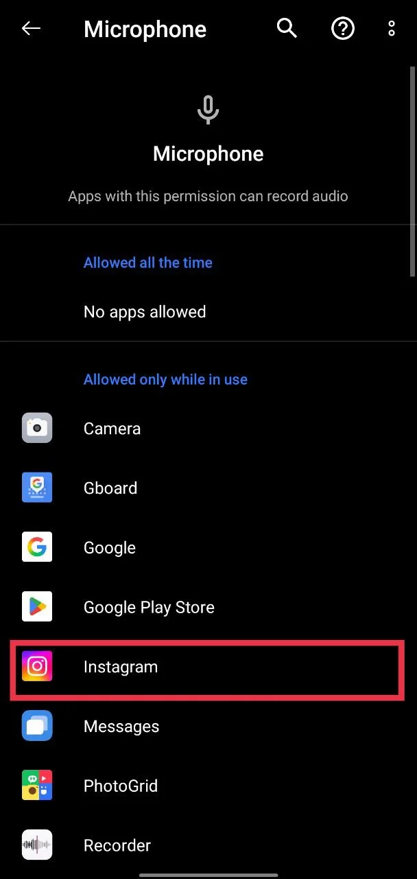 Select Instagram app in microphone settings to allow access