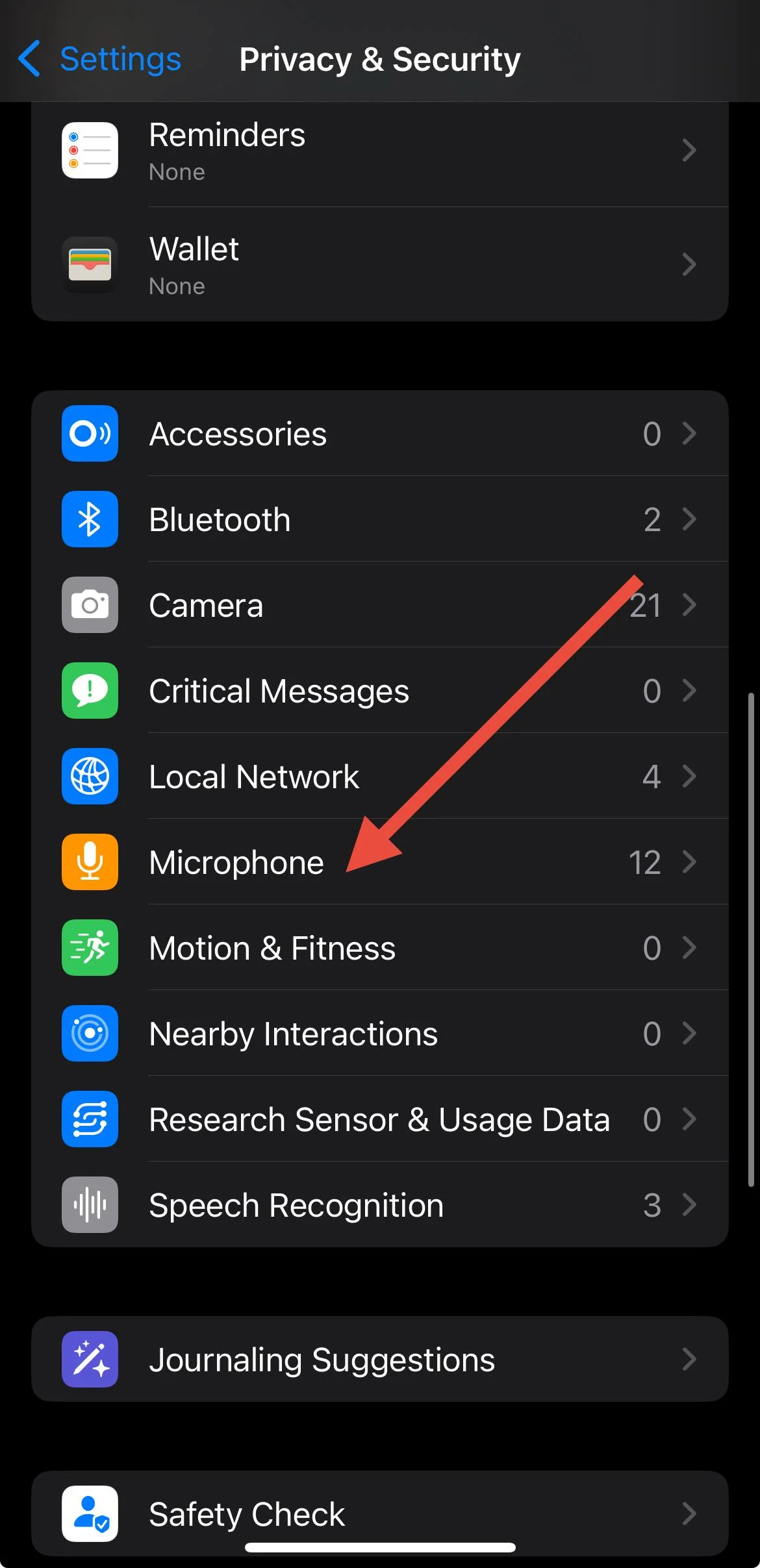 Open iPhone settings and select Microphone option to manage app access