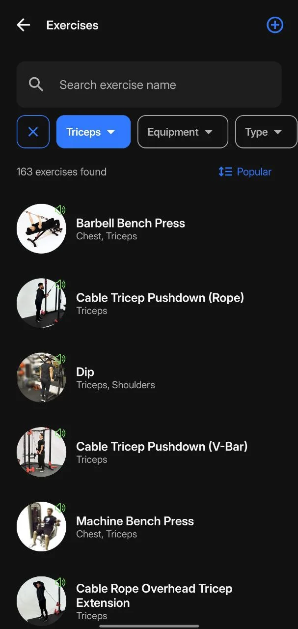 Different exercises listed in JEFIT app