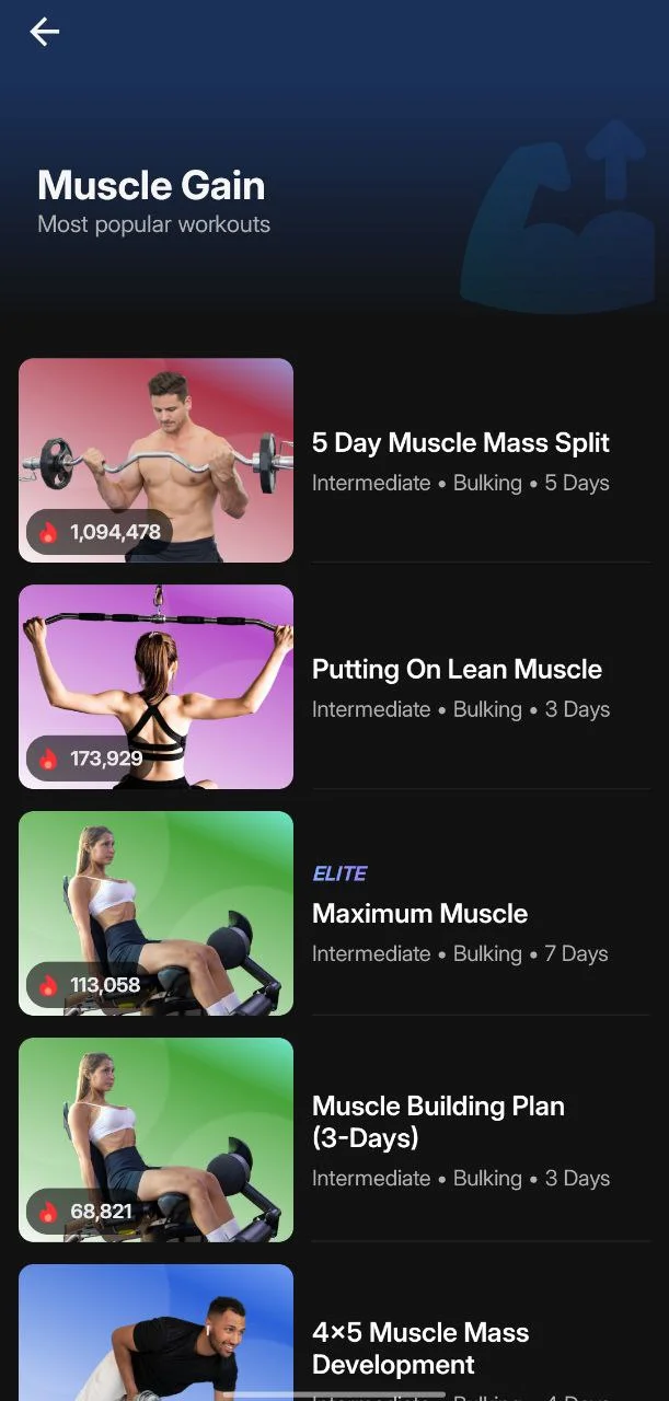 Popular workouts listed by category in JEFIT app
