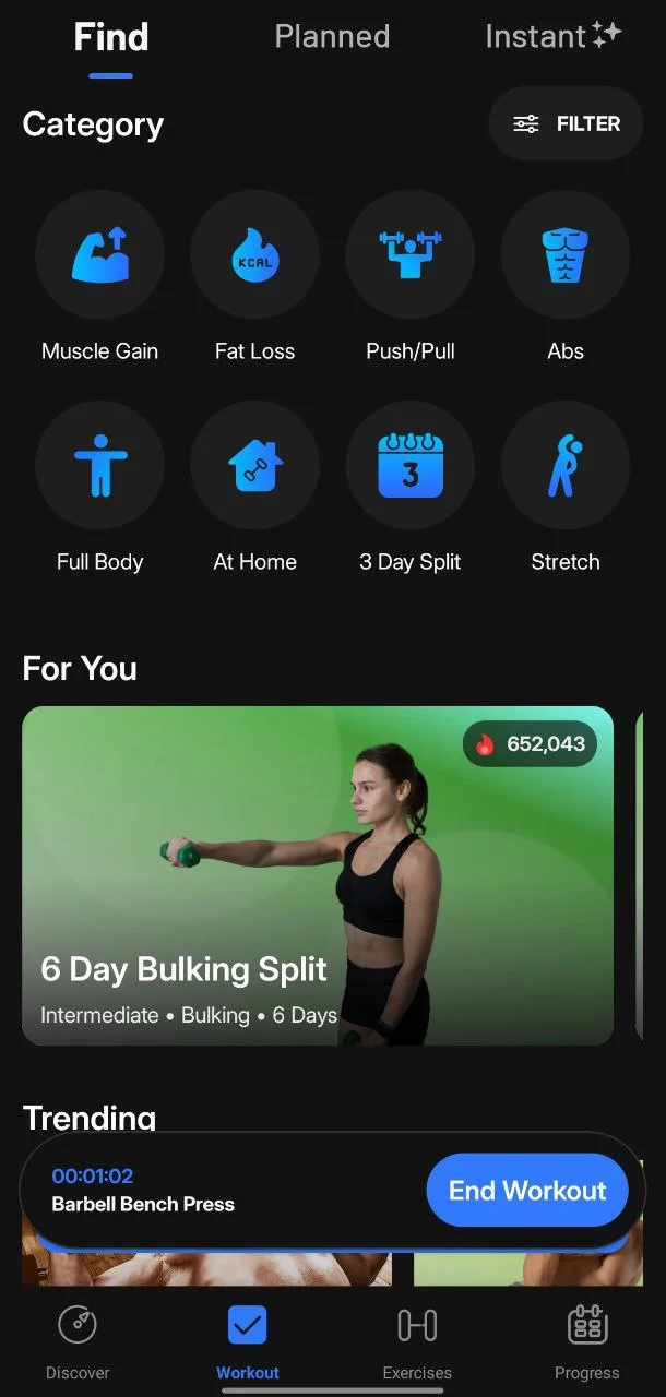 Main workout section in JEFIT app