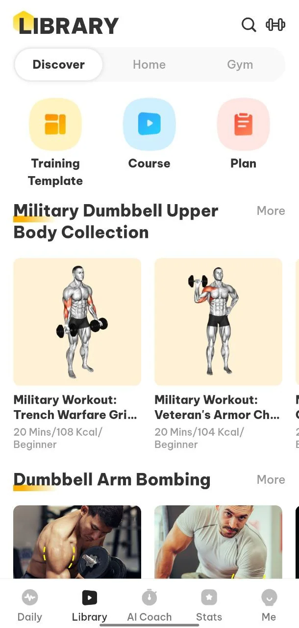 Muscle Monster App Library section displaying workouts and exercises