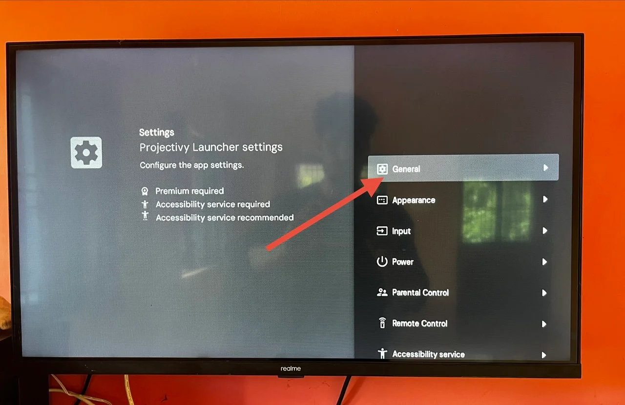 Projectivy Launcher settings panel with the General section selected