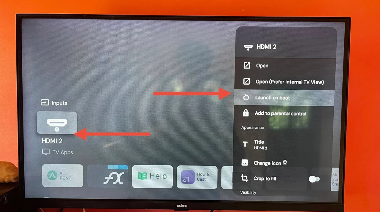 Long press on HDMI input from Projectivy home screen to set Launch on Boot