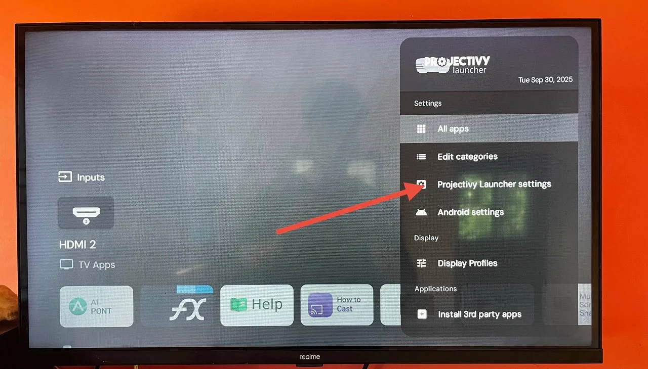 Projectivy Launcher menu highlighting the option for Projectivy Launcher Settings