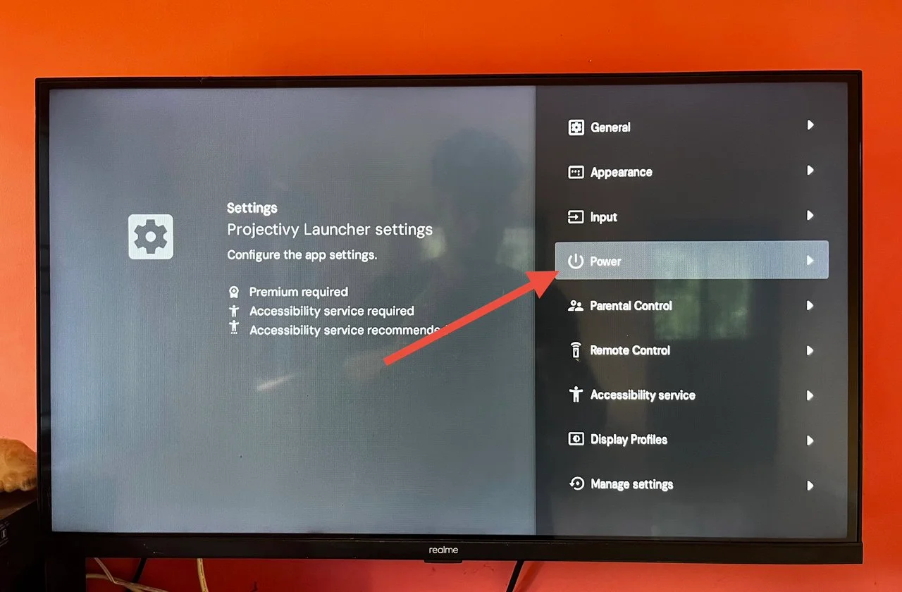 Projectivy Launcher settings with the Power option highlighted