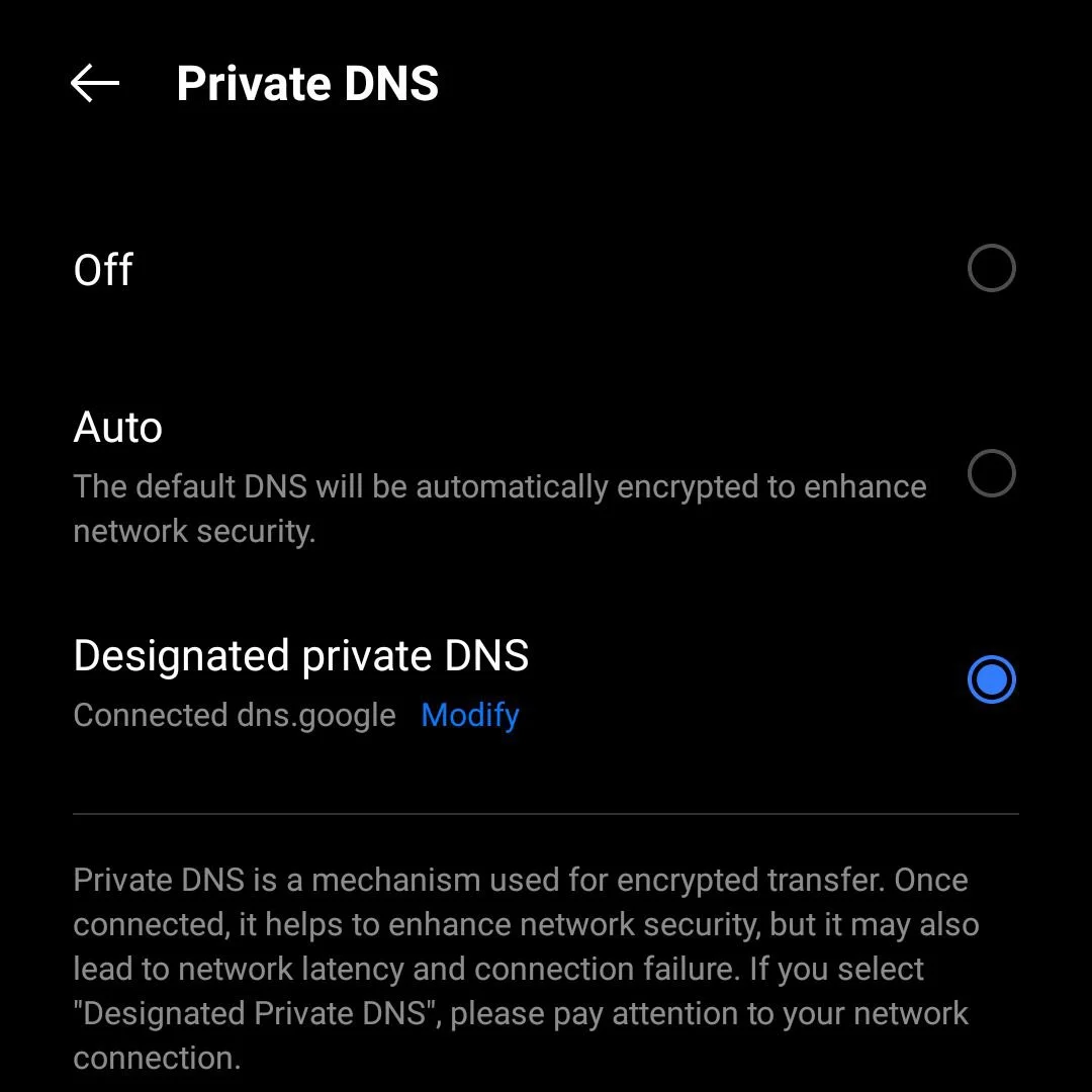 Set dns.google as private DNS in network settings