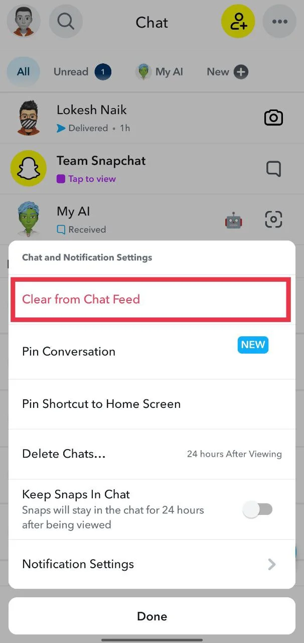 Select “Clear from Chat Feed” option in Snapchat to remove the conversation from the chat list